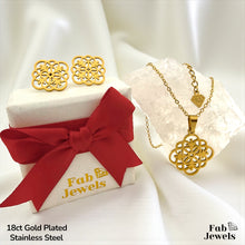 Load image into Gallery viewer, Stainless Steel Yellow Gold Plated lace Effect Set Necklace with Pendant and Matching Earrings