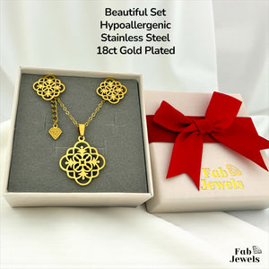 Stainless Steel Yellow Gold Plated lace Effect Set Necklace with Pendant and Matching Earrings