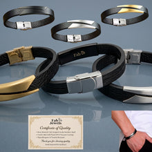 Load image into Gallery viewer, Stylish Leather Black Men’s Bracelet Stainless Steel Bar Gold Silver Black