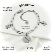 Load image into Gallery viewer, Stainless Steel Gold Plated Personalised Congratulations  Initial Maltese Cross  Charm Bracelet