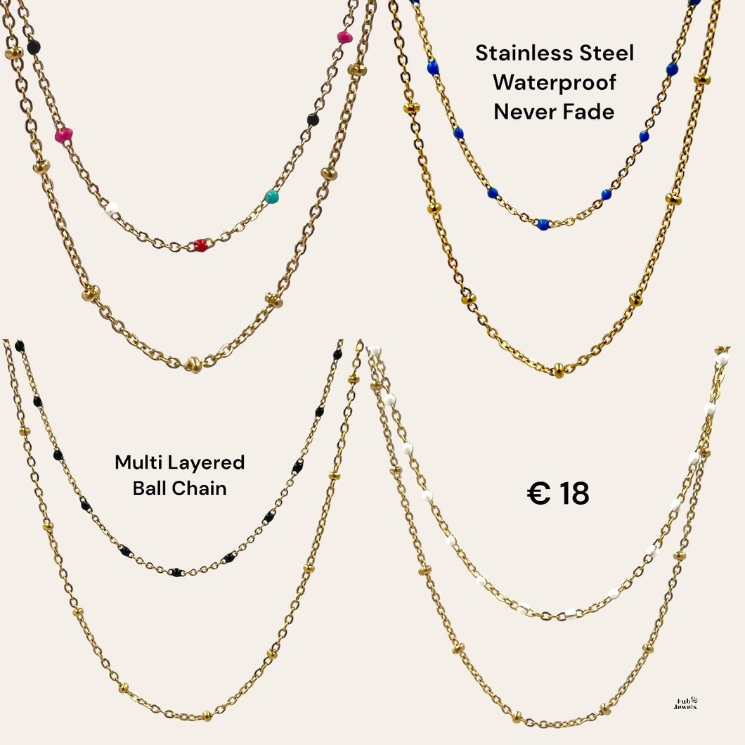 Stainless Steel Trendy Multi-Layered Plain Ball Chain Necklace with Colourful Ball Chain Necklace In Yellow Gold