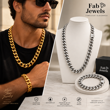 Load image into Gallery viewer, Fab Signiture Cuban Link 10 mm Set Necklace Matching Bracelet 18ct Gold Plated Stainless Steel 316L Waterproof