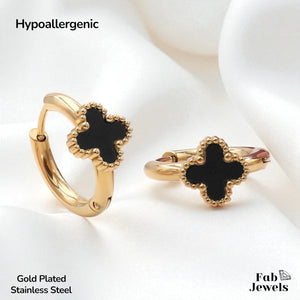 Gold Plated Stainless Steel Hypoallergenic Hoop Loop Earrings with Clover Flower
