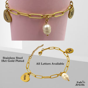 Charm Bracelet with Personalised Initial Including Maltese Cross Charm and Pearl Charm