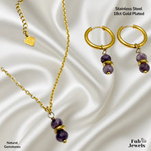 Load image into Gallery viewer, Stainless Steel 18ct Gold Plated Set Necklace Pendant and Matching Earrings with Natural Gemstones Turquoise Amethyst Onyx
