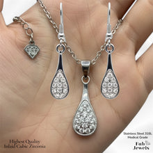Load image into Gallery viewer, Stainless Steel 316L Silver Sparkle Teardrop Set Necklace Pendant and Matching Earrings with Inlaid Cubic Zirconia