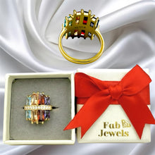 Load image into Gallery viewer, Highest Quality Gold Plated on Stainless Steel Multi Coloured Ring Inlaid Baguette Cut Cubic Zirconia Northern Lights Collection