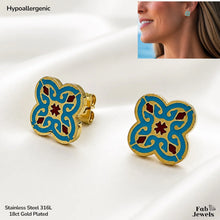 Load image into Gallery viewer, 18ct Gold Plated Stainless Steel 316L Maltese Cross Maduma Tile Set Pendant Necklace Stud Earrings Matching Bangle