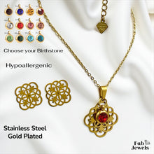 Load image into Gallery viewer, Stainless Steel Yellow Gold Plated Set Necklace with Pendant + Personalised Birthstone and Matching Earrings