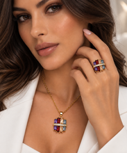 Load image into Gallery viewer, Highest Quality Gold Plated on Stainless Steel Multi Coloured Set Ring Necklace Pendant Inlaid Baguette Cut Cubic Zirconia Northern Lights Collection