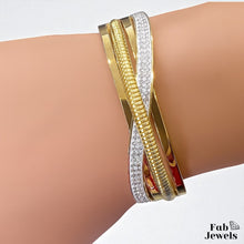 Load image into Gallery viewer, Stainless Steel 18ct Yellow Gold Plated Criss Cross Bangle with Sparkling Cubic Zirconia