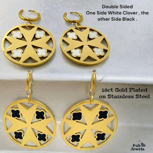 Yellow Gold Plated Stainless Steel Maltese Cross Clover Double Sided Earrings