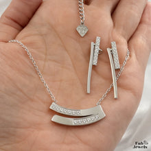 Load image into Gallery viewer, Stainless Steel 316L Silver Timeless Curve Set Necklace and Matching Earrings with Inlaid Cubic Zirconia