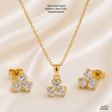 Load image into Gallery viewer, 18ct Gold Plated Stainless Steel 316L Trielle Set Hypoallergenic Earrings Matching Pendant and Necklace