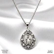 Load image into Gallery viewer, 18ct Gold Plated Stainless Steel 316L Virgin Mary Drop Pendant with Cubic Zirconia Complete with Necklace Waterproof