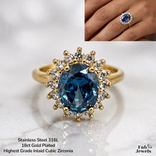 Load image into Gallery viewer, 18ct Gold Plated Stainless Steel Lady D Halo Ring with Inlaid Cubic Zirconia