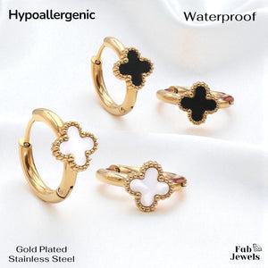 Gold Plated Stainless Steel Hypoallergenic Hoop Loop Earrings with Clover Flower