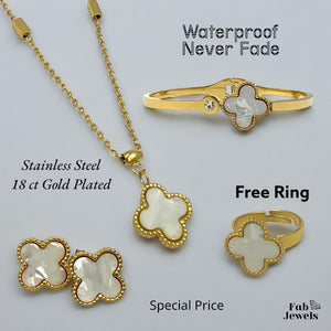 Stainless Steel 316L Yellow Gold Plated White Clover Set Necklace Bangle Earrings Free Ring