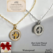 Load image into Gallery viewer, 18ct Gold Plated Waterproof Round Cross Pendant with Cubic Zirconia Stainless Steel Necklace
