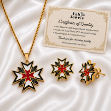Load image into Gallery viewer, 18ct Gold Plated on Stainless Steel 316L Nights of Malta Set Pendant Hypoallergenic Stud Earrings Rope Chain Included