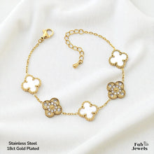 Load image into Gallery viewer, Stainless Steel 316L 18ct Gold Plated 5 Clover Bracelet with Cubic Zirconia