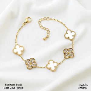 Stainless Steel 316L 18ct Gold Plated 5 Clover Bracelet with Cubic Zirconia