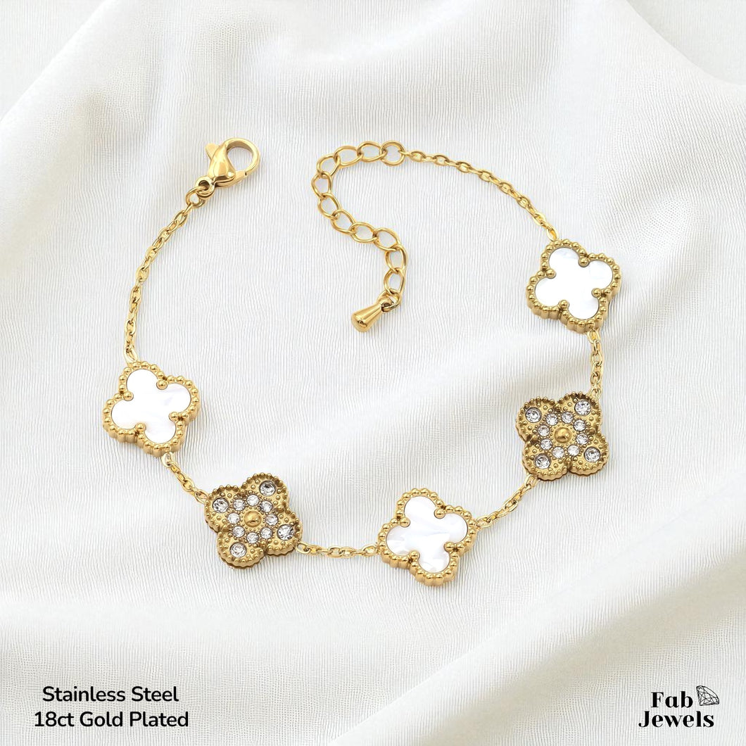 Stainless Steel 316L 18ct Gold Plated 5 Clover Bracelet with Cubic Zirconia