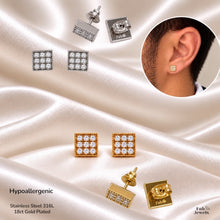 Load image into Gallery viewer, 18ct Gold Plated Stainless Steel 316L Square Hypoallergenic Stud Earrings with Cubic Zirconia