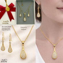 Load image into Gallery viewer, Stainless Steel 316L 18ct Gold Plated Sparkle Teardrop Set Necklace Pendant and Matching Earrings with Inlaid Cubic Zirconia