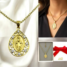 Load image into Gallery viewer, 18ct Gold Plated Stainless Steel 316L Virgin Mary Drop Pendant with Cubic Zirconia Complete with Necklace Waterproof