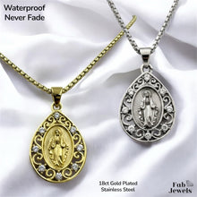 Load image into Gallery viewer, 18ct Gold Plated Stainless Steel 316L Virgin Mary Drop Pendant with Cubic Zirconia Complete with Necklace Waterproof