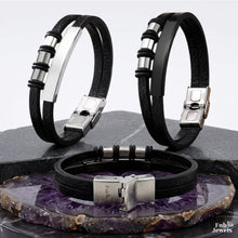 Load image into Gallery viewer, Stylish Leather Black Men’s Multi Layered Bracelet Stainless Steel Bar Gold Silver Black