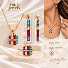 Load image into Gallery viewer, Highest Quality 18ct Gold Plated Stainless Steel 316L Multi Coloured Set Ring Earrings Necklace Pendant Inlaid Baguette Cut Cubic Zirconia Northern Lights Collection