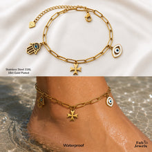 Load image into Gallery viewer, Stainless Steel 316L Waterproof 18ct Gold Plated Maltese Cross Evil Eye Hamsa Hand Charm Anklet Ankle Chain