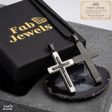 Load image into Gallery viewer, 18ct Gold Plated Carbon Fiber Men’s Cross Pendant with Inlaid Cubic Zirconia Stainless Steel 316L Necklace