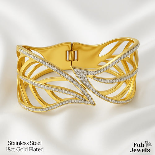Stainless Steel 18ct Yellow Gold Plated Chunky Bangle with Sparkling Cubic Zirconia