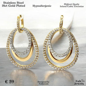 Yellow Gold Plated Hypoallergenic Chunky Statement Diva Earrings with Inlaid Cubic Zirconias