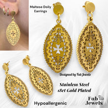 Load image into Gallery viewer, 18ct Gold Plated on Stainless Steel Maltese Cross Lace Doily   Oval Set Pendant Hypoallergenic Earrings Ball Chain