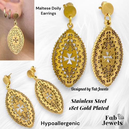 18ct Gold Plated on Stainless Steel Maltese Cross Lace Doily Oval Set Hypoallergenic Earrings