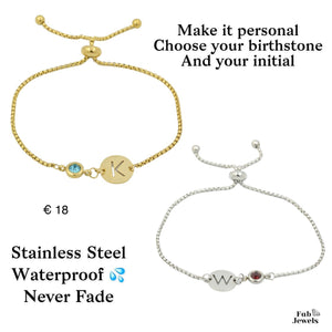 Stainless Steel Yellow Gold Plated Adjustable Bracelet with Personalised Initial and Birthstone