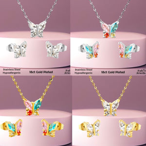 Stainless Steel 18ct Gold Plated Butterfly Set Hypoallergenic Earrings and Necklace Nicely Detailed with Cubic Zirconias