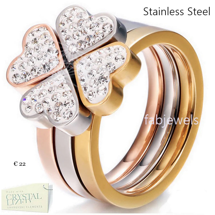 Stainless Steel 316L 3 in 1 Heart Flower Puzzle Ring with Swarovski Crystals