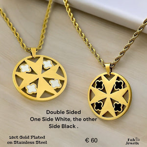 18ct Gold Plated on Stainless Steel Maltese Cross Double Sided Set Pendant Hypoallergenic Earrings Rope Chain