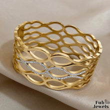 Load image into Gallery viewer, Stainless Steel 18ct Yellow Gold Plated Thick Bangle with Sparkling Cubic Zirconia