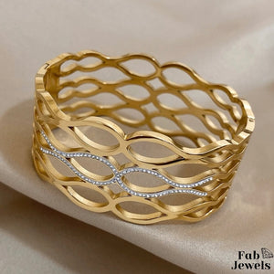 Stainless Steel 18ct Yellow Gold Plated Thick Bangle with Sparkling Cubic Zirconia