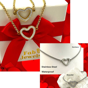 Stainless Steel Yellow Gold Plated Heart Necklace Bracelet Set with Cubic Zirconia