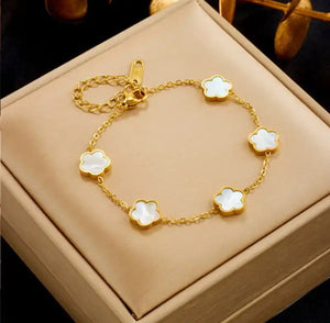 Yellow Gold Plated Stainless Steel Mother of Pearl Clover Bracelet