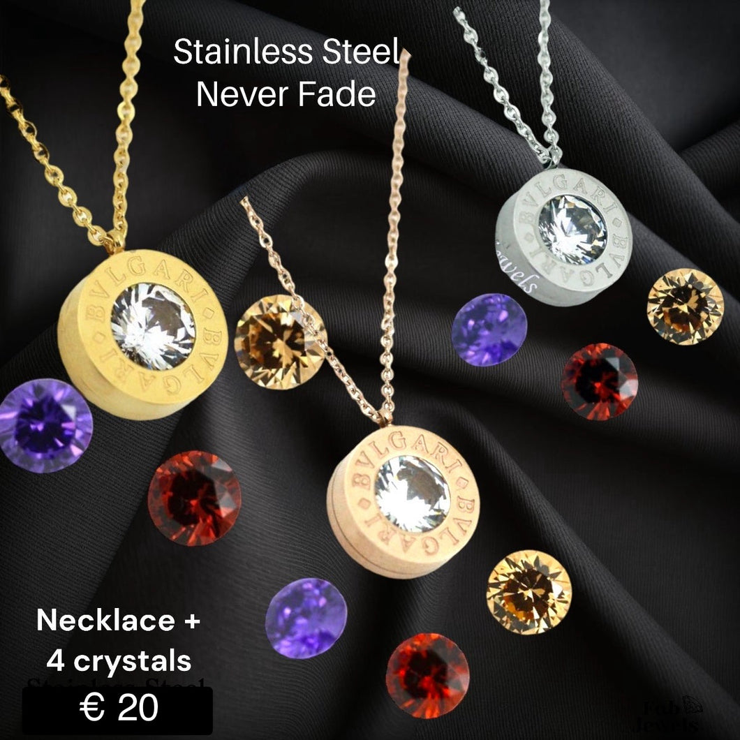 Stainless Steel Interchangeable Rose/White/Yellow Gold Plated Necklace with 4 Crystals