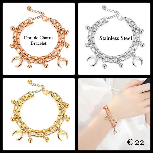 Stainless Steel 316L Yellow Gold / Rose Gold / Silver High Quality Double Bracelet With Charms