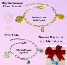 Load image into Gallery viewer, Stainless Steel Holy Communion Charm Bracelet with Personalised Initial and Birthstone Tifkira tal Ewwel Tqarbina